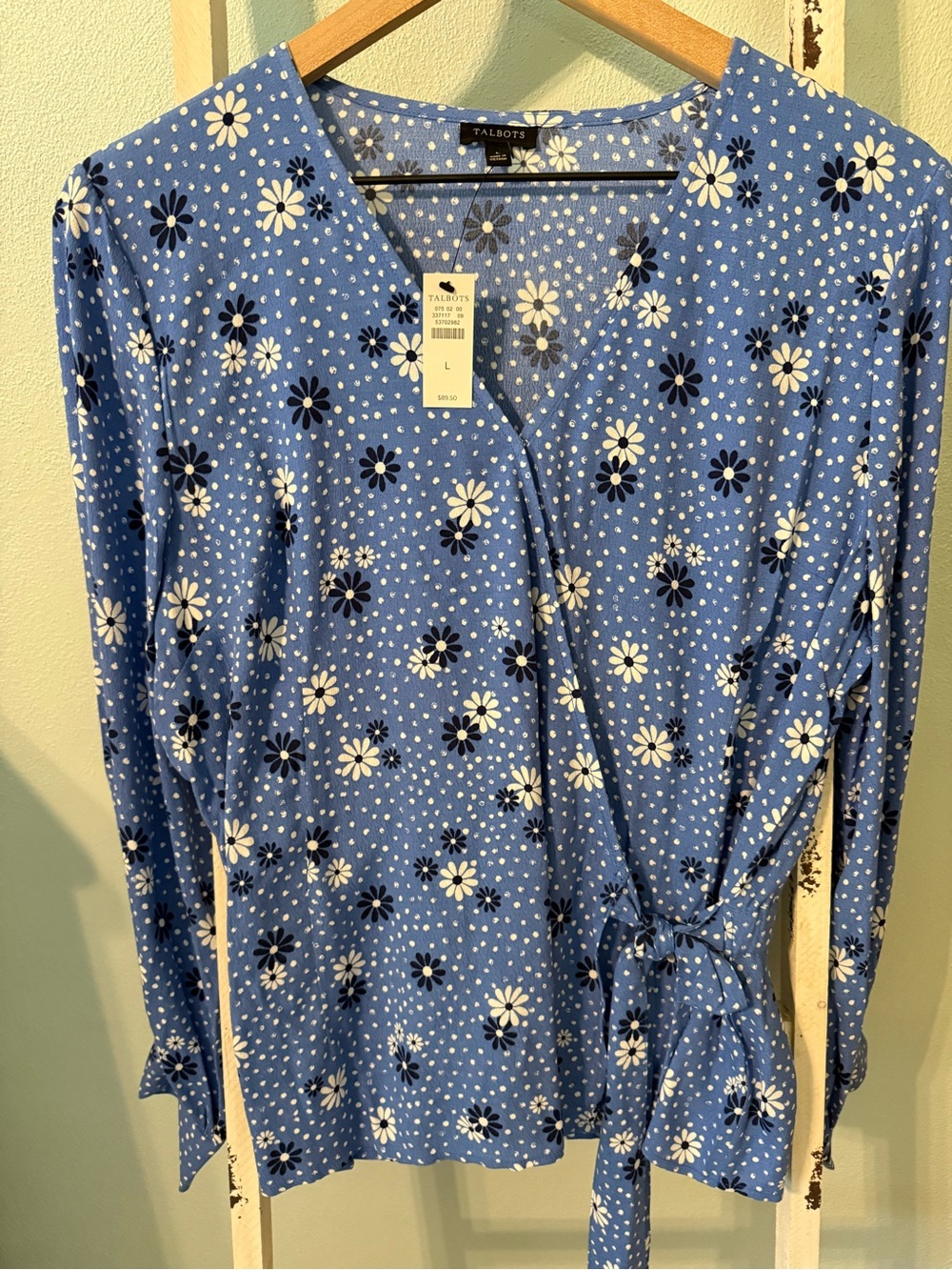 NWT Talbots Women's Blue Daisy Floral Long Sleeve Wrap Blouse Viscose Tie Large